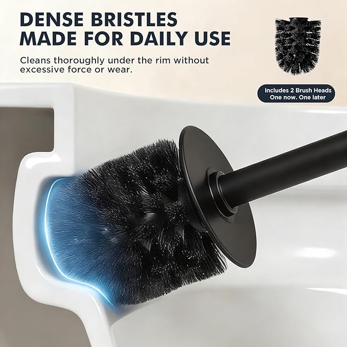 Toilet Brush and Holder Set Stainless Steel Toilet Bowl Brush with 16.5 Long-Reach Handle Tilted Canister with Concealed Brush Head &amp Anti-Splash Shield for Bathroom Cleaning 1 Spare Head Incl