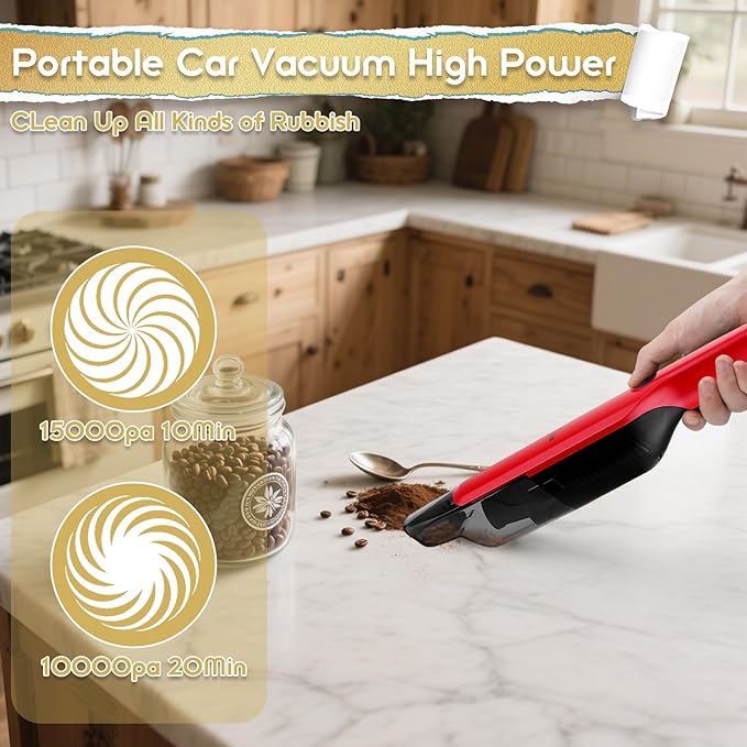 Handheld Vacuum Cordless15KPA High Power SuctionUSB Quick ChargeCar Vacuum Cleaner with Storage DockLightweight Rechargeable Dust Buster with Crevice Tool Pet Brush Hand Vac for HomeRed