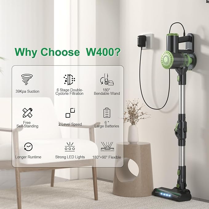 Cordless Vacuum Cleaner Lightweight Stick Vacuum Cleaner 6 in 1 Self-Standing with Powerful Suction 180° Bendable Wand Rechargeable Cordless Vacuum for Hardwood Floor (Green)