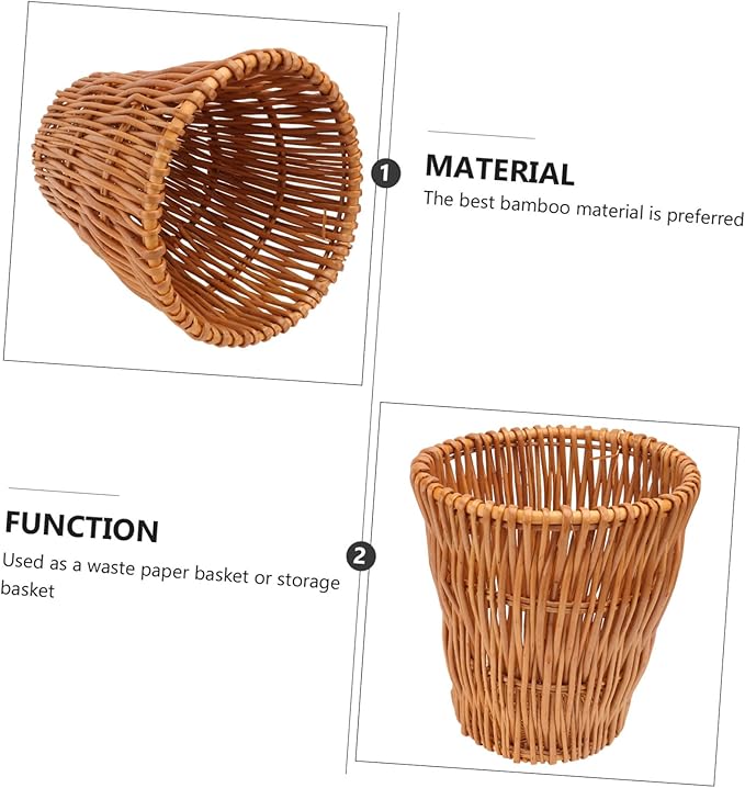 Unomor 1pc Woven Wastebasket Rattan Trash Can for Bathroom Bedroom Office Compact Design Stylish Decorative Storage Container Natural Diameter Height
