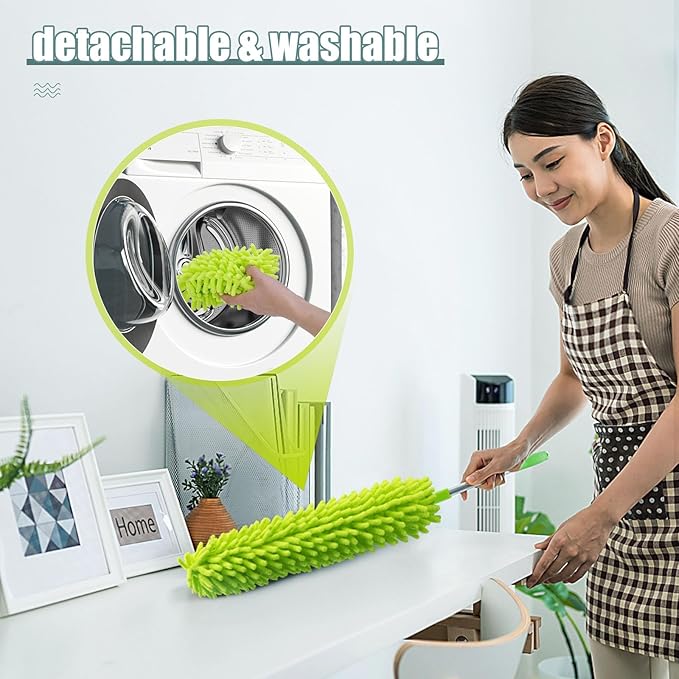 Microfiber Duster with Extension Pole 30 to 100'' Bendable Reusable Washable Feather Dusters for Cleaning High Ceiling Fan Cobweb Blinds Keyboard Furniture &amp Cars Green Gift for Women (11 PC