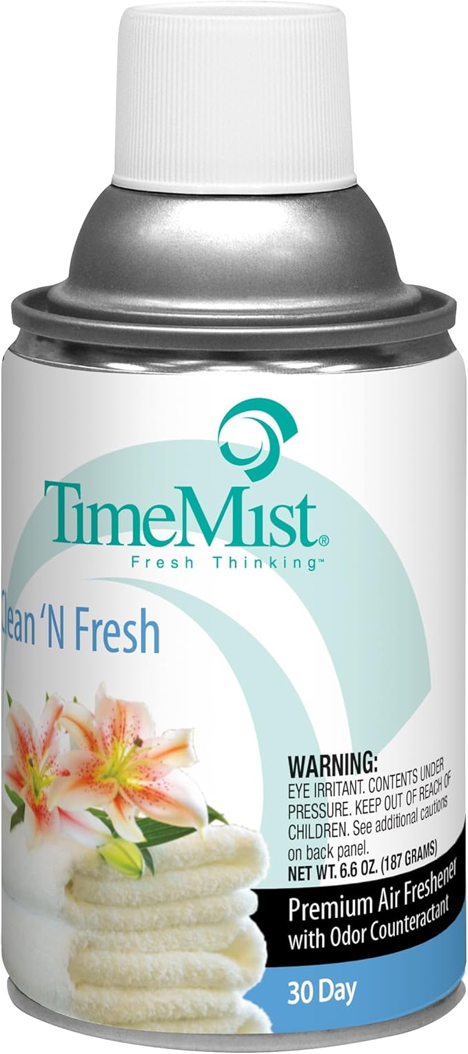TimeMist Premium Metered Air Freshener Refills Clean &amp Fresh (12) with Aerosol Fragrance Dispenser (6) - 1042771 - Lasts Up To 30 Days and Neutralizes Tough Odors