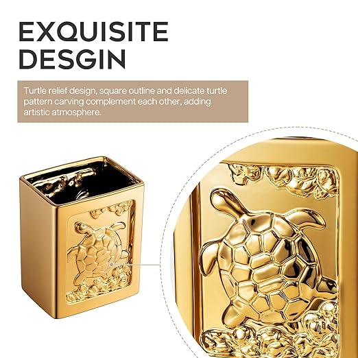 Golden Ceramic Turtle Trash Can - 7L/1.85Gallon Square Garbage Can with Turtle Relief Multi-Use Waste Basket for Kitchen Bathroom Bedroom Office Turtle Decor &amp Small Trash Bin