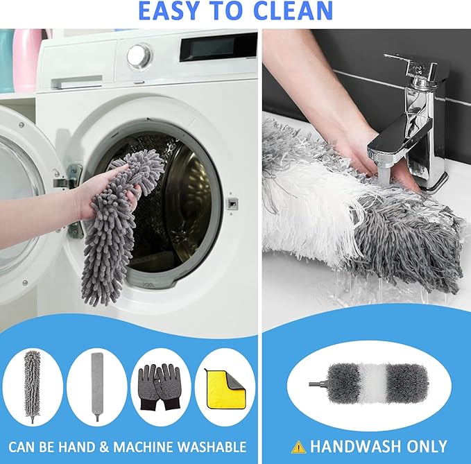 Microfiber Duster Kit 23pcs with 30 to 100 Inches Extension Pole and Extendable Window Squeegee Washable and Bendable Feather Duster for Cleaning Ceiling Fans High Ceilings Cobwebs Blinds