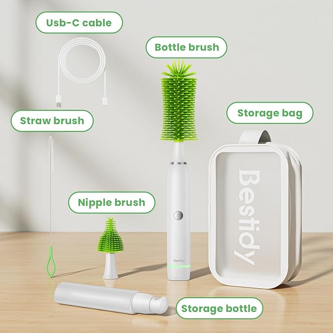 Bestidy Electric Baby Bottle Cleaner Kit for Travel- Rechargeable 360° Rotation Electric Baby Bottle Brush with Replaceable Nipple/Straw Brush 2-Speed Modes 50ml Lotion Bottle &amp Storage Bag