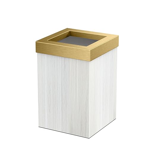 Gatco Small Bathroom Trash Can with Lid Square 3 Gallon Wastebasket Under Sink White Oak with Brushed Brass for Bathroom Bedroom Office (1936B)