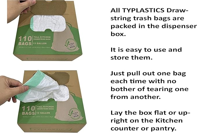 TYPLASTICS Tall Kitchen Drawstring Trash Bags 13 Gallon 110 Count