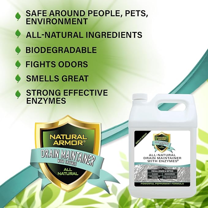 Natural Armor Enzyme Drain Maintainer - Quart Drain Cleaner with Natural Enzyme Power to Prevent Buildup &amp Odors - Safe for Sinks Showers Grease Traps &amp Septic - Non-Toxic Formula 2.5 Gallo