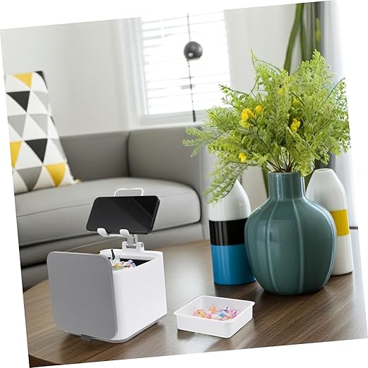 Trash Can with Phone Holder Mini Desktop Garbage Bin for Office Bedroom Kitchen and Travel Versatile and Portable Wastebasket for Compact Storage