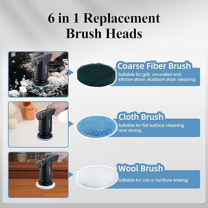 Electric Spin Scrubber Bathroom Shower Scrubber with LCD Display 2 Speeds Electric Scrubber for Cleaning with 6 Replaceable Heads 4-Hour Runtime‌ Cleaning Brush for Kitchen/Car Gray-Black