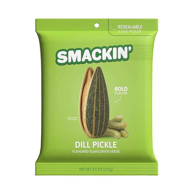 SMACKIN' - Jumbo Roasted Sunflower Seeds No Salty Burn American Made Easy Pour &amp Seal - Dill Pickle 4oz bag (12 Bags)
