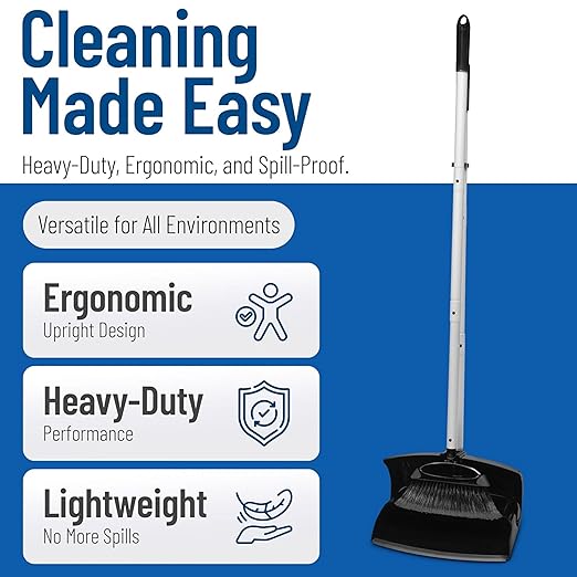 Carlisle FoodService Products Duo-Pan Upright Dust Pan and Broom Set with Adjustable Broom Head for Floor Cleaning Restaurants and Janitorial Use 36 x 11.8 x 41 Inches Black (Pack of 4)