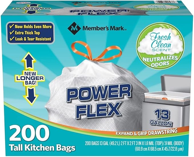 Member's Mark Tall Kitchen Drawstring Bags (13 Gallon 200 Count) - Fresh Scent