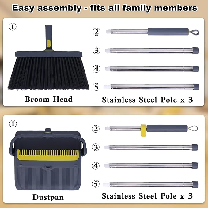 Heavy Duty Broom and Standing Dustpan Combo Set Rotatable Head Dust Pan and Brush Set with Collapsible Handle Cleaning Teeth Hanging Loop Ideal for Pets RV Kitchen Camping Outdoor Floor Gray