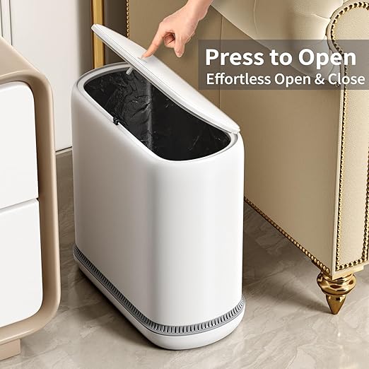 Bathroom Trash Can with Lid 3 Gallon Small Slim Garbage Bin with Auto-Adsorption &amp 75 Bags (5 Rolls) Mini Waste Basket Dog Proof for Bathroom Kitchen Office Bedroom Laundry Toilet Rv Whit