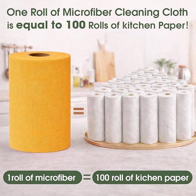 Microfiber Cleaning Cloth Roll–100 Pack Tear Away Microfiber Towels Reusable Washable Scratch-Free Kitchen Towels for Car Home Kitchen Glass Dishes(Tangerine Yellow)