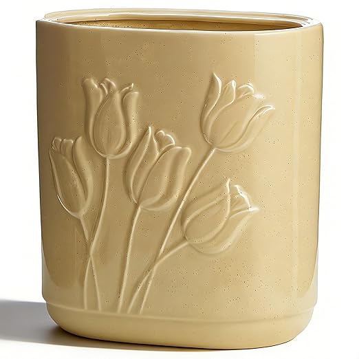 Beige Ceramic Tulips Small Bathroom Trash Can 2.6 Gal (10 Liter) - Heavy &amp Decorative Garbage Bin for Bathroom Kitchen Office Bedroom &amp Living Room Corner