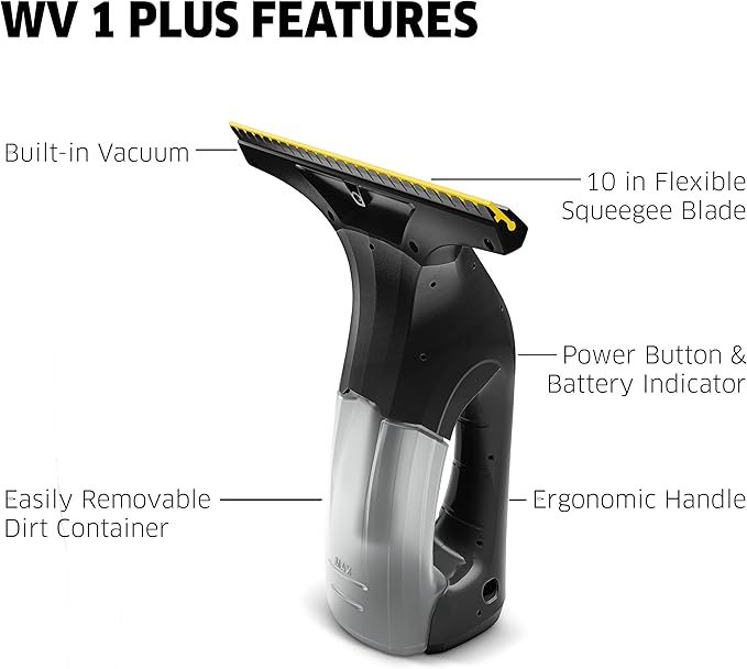 Kärcher WV 1 Electric Window Vacuum Squeegee 10 - Perfect for Showers Mirrors Glass and Countertops - Electric Squeegee Black