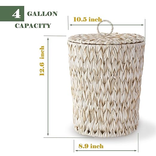 Woven Trash Can with Lid and Liner 4 Gallon Bathroom Garbage Can Boho Decorative Handwoven Plastic Wicker Waste Basket for Bathroom Bedroom Living Room Office Home (Beige)
