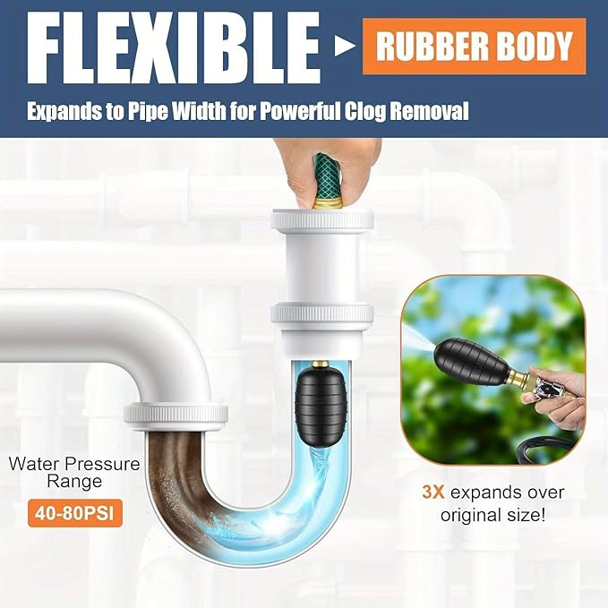 3-Piece Drain Bladder Kit Drain Cleaning Fits 1“ to 6” Pipes Unclogger for Bathroom Sinks Showers