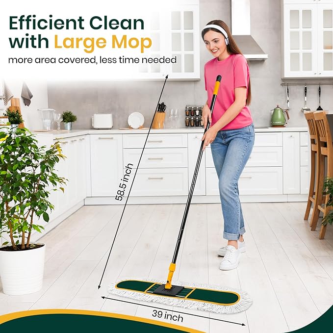 36” Commercial Duster Mops Extra Large Floor Duster with 2 Replacement Pads 60” Long Handle Heavy Duty Industrial Wet&ampDry Flat Mop for Hardwood Floors Marble Laminate Tile Concrete Garage