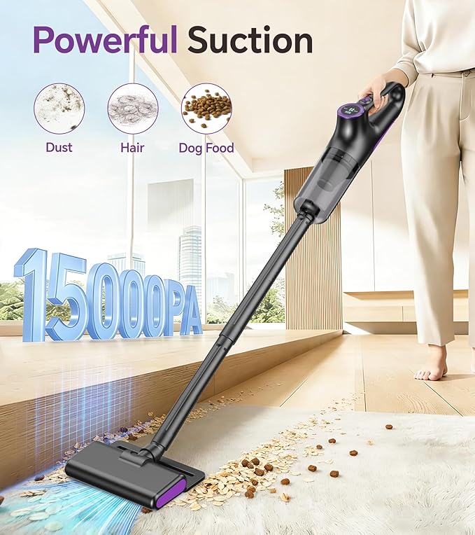 Cordless Vacuum Cleaner Stick Vacuum Cordless Rechargeable with Powerful Suction and LED Display Portable Vacuum Cleaners for Home Wireless Vacuum for Hardwood Floor Carpet Pet Hair Black