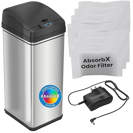 iTouchless Automatic Trash Can with AC Adapter and 7 Odor Filters Big Lid Opening Touchless Sensor Kitchen Trash Bin 13 Gallon Stainless Steel