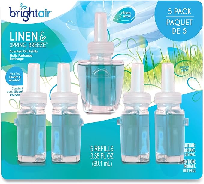 Bright Air Electric Scented Oil Air Freshener Refill Linen And Spring Breeze 0.67 Oz Bottle 5/Pack 6 Pack/Carton (900669Ct)