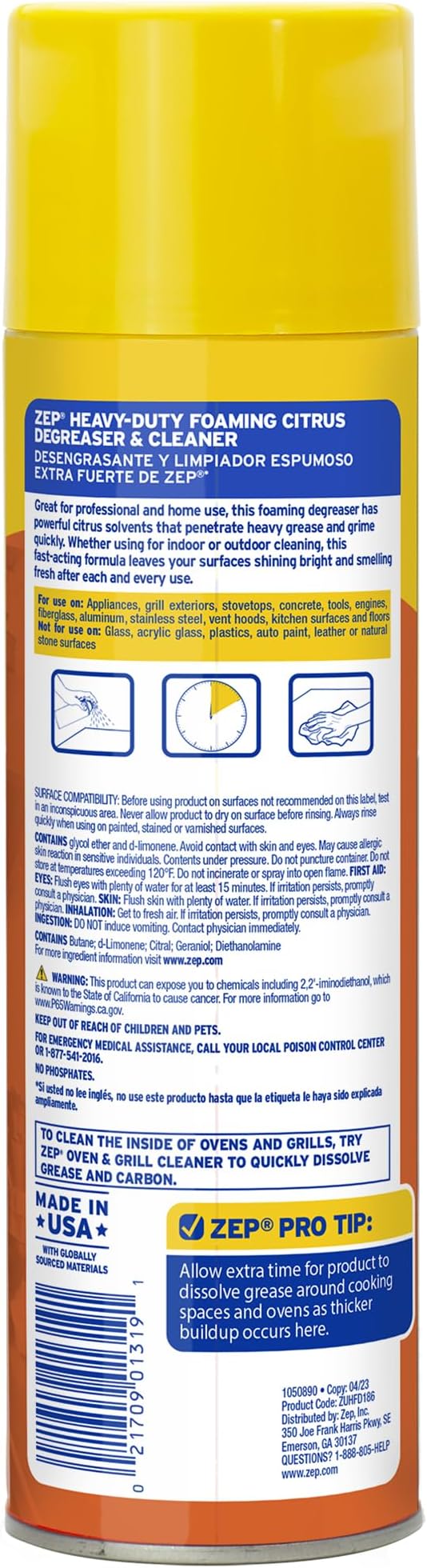 Zep Heavy-Duty Foaming Citrus Degreaser &amp Cleaner - 18 oz. (Case of 6) - ZUHFD186 - Pro-Trusted Citrus Formula Cuts Through Grease &amp Grime with Ease
