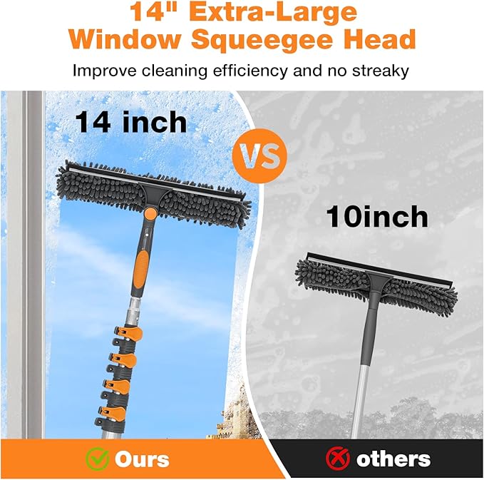 20FT Reach Window Squeegee with 5-13 FT Extension Poles Extra-Large 14 Window Squeegee Window Cleaning Kit with Telescopic PoleWindow Cleaner Tool with Adjustable Head for High Window Glass RV