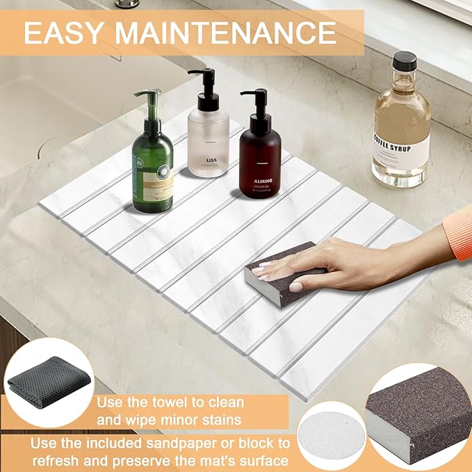 Large Stone Dish Drying Mat for Kitchen Counter with 3 Sanding block and Towel 24×16 Quick Drying Diatomaceous EarthSuper Absorbent Anti Slip Mat for Women Mom Grandma (Marble white)