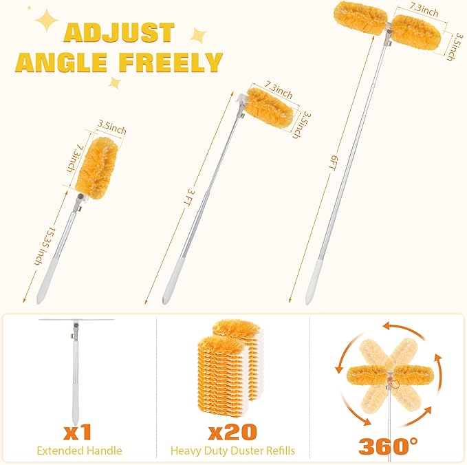 6 ft Extendable Duster Handle with 20 Pcs 360° Heavy Duty Duster Refills Kit for Swiffer 4X Electrostatic Microfiber for Cleaning Home Effortlessly Reach Ceilings Fans &amp Hard-to-Reach Areas