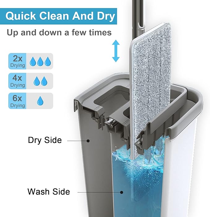 Mop and Bucket with Wringer Set Hands Free Flat Floor Mop and Bucket 3 Washable Microfiber Pads Included Wet and Dry Use Home Floor Cleaning System for All Floor Types and Windows