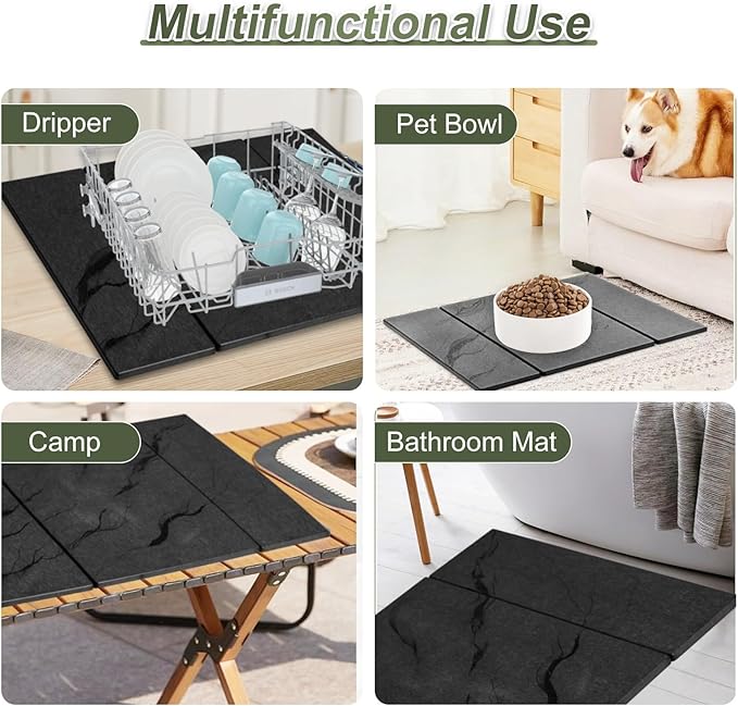Dish Drying Mat Large Stone Dish Drying Mat For Kitchen Counter Collapsible Quick-Drying Sleek Diatomaceous Versatile Stone Drying Mats For Cups Dishes Bottles Marble (black 16×19)