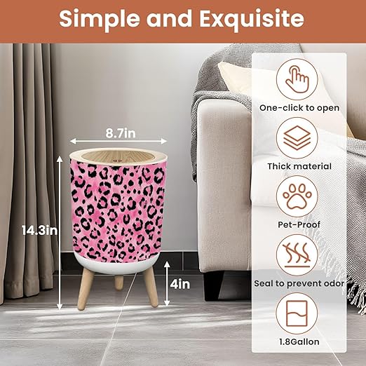 Bathroom Trash Can with Lid Pink Leopard Print Black Spots Watercolor Garbage Bin Waste Basket for Kitchen Office Bedroom Decoration Diaper Pail 1.8 Gallon