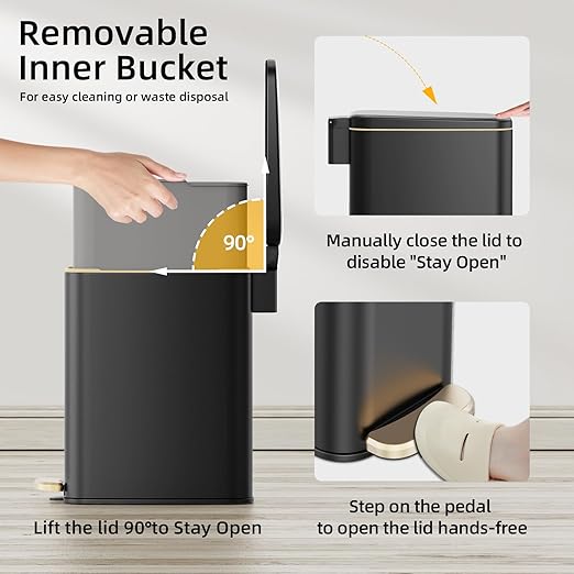 KUK Slim Bathroom Trash Can with Lid 1.6 Gal / 6L Stainless Steel Small Garbage Bin with Detachable Inner Bucket Step Pedal Silent Close Wastebasket for Toilet Bedroom Home Office (Black)