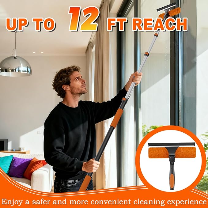 20FT Reach 2-in-1 Window Squeegee Professional Window Washing Kit with 3-12FT Extension Pole for Home Indoor Outdoor Squeegee with Rotatable Head for High Windows