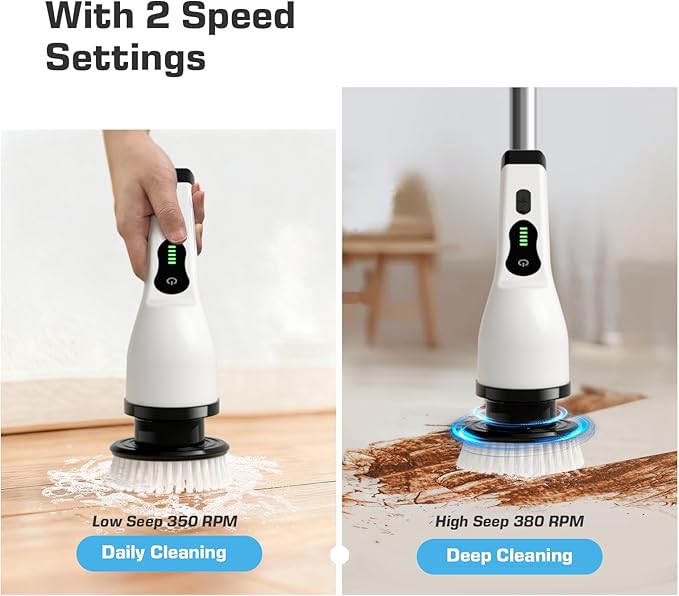 Kingwell Electric Spin Scrubber Cordless Electric Scrubber for Cleaning with 9 Brush Heads 2 Speeds3 Adjustable Handle 90Mins Work Time Shower Scrubber for Bathroom Tub FloorWhite