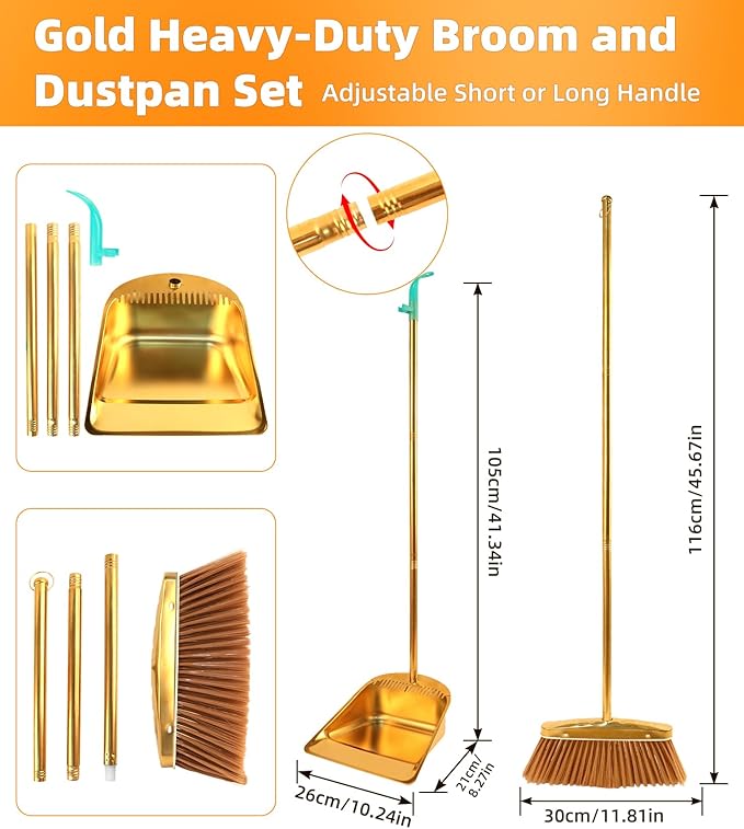 Gold Stainless Steel Broom and Dustpan Set 2-Piece Long Handle Standing Pan with Comb Teeth Heavy Duty Windproof Upright Design for Home Kitchen Indoor Outdoor Use
