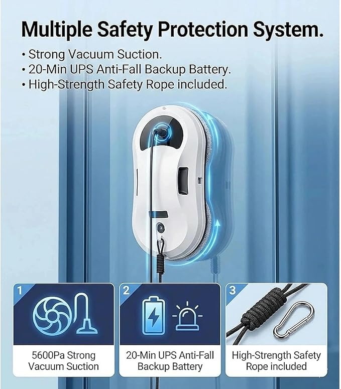 Robot Window Cleaner 5600Pa Intelligent Automatic Window Cleaning Robot for High-Rise &amp Hard-to-Reach Glass Ultrasonic Auto Water Spray for Streak-Free Shine Smart Edge Detection Remote Contro
