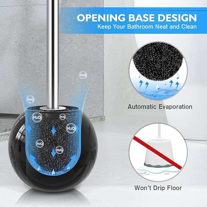 Toilet Brush and Holder 2 Pack 304 Stainless Steel Toilet Brush with Extended and Durable Comfortable Brush Handle Toilet Bowl Brush for Bathroom Toilet - Ergonomic Pratical Durable (Black)