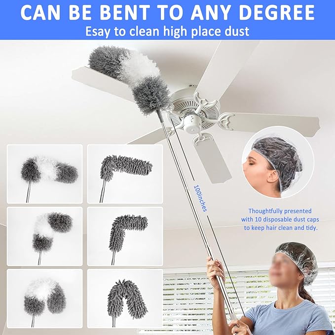 Microfiber Duster Kit 23pcs with 30 to 100 Inches Extension Pole and Extendable Window Squeegee Washable and Bendable Feather Duster for Cleaning Ceiling Fans High Ceilings Cobwebs Blinds