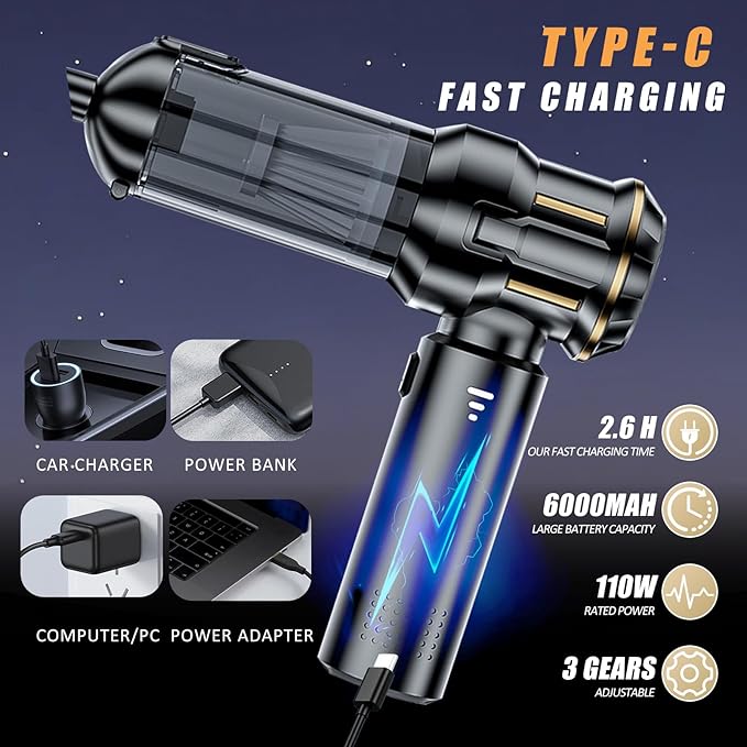Handheld Car Vacuum Cordless Mini Vacuum Cleaner Rechargeable 16000Pa Hand Held Vacuum Cleaner Portable Small Vacuum with Multi-Nozzles Dust Duster for Car Home Office Pet (Black Gold)