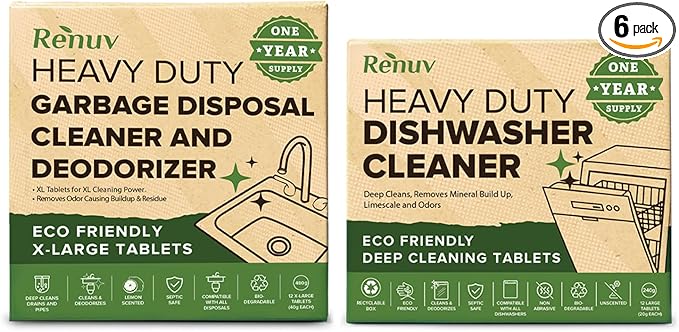 Renuv® Dishwasher Cleaner + Garbage Disposal Cleaner - Heavy Duty Kitchen Appliance Deep Cleaning Descaling and Deodorizing (12 Tablets of each)