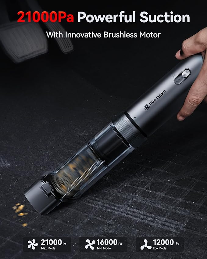 REDTIGER Car Vacuum Cordless 21000PA Portable Handheld Vacuum Up to 70 Mins Runtime 3.5H USB-C Fast Charge Lightweight 4 in1 Mini Hand Held Cleaner Power for Car Home Outdoor Camp Pet Food Black