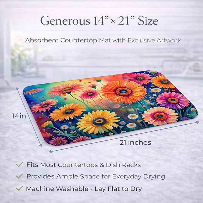 Caroline's Treasures DAC1436DDM Gerbera Daisies in Color Dish Drying Mat Absorbent Dish Drying Mat Pad for Kitchen Counter Dish Drainer Mat for Countertop 14 x 21 Multicolor