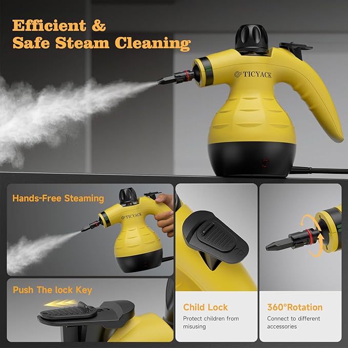 Steam Cleaner Handheld Steam Cleaner for Home 16-Piece Steam Cleaner Kit with Automatic Steam Switch Steamer for Kitchen Bathroom Living Room and Multi-Surface Deep Cleaning(Yellow)