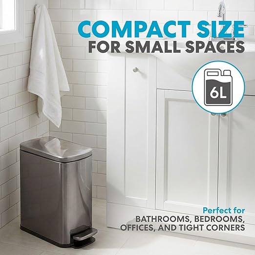 6L/1.6G Stainless Steel Bathroom Trash Can with Hands-Free Foot Pedal Quiet Soft-Close Lid Compact Space-Saving Size