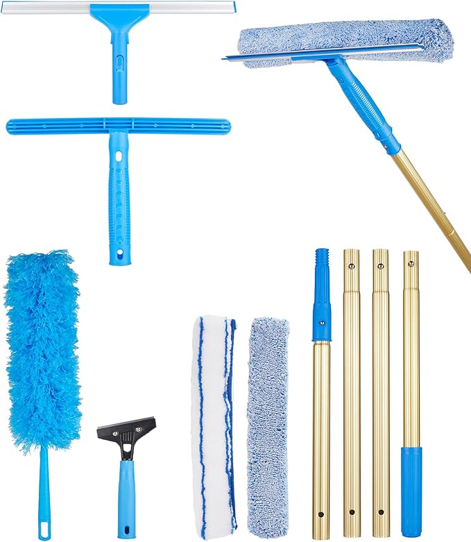 2 in 1 Window Squeegee Cleaning Kit with Aluminum Alloy Extension Poles Scrubber Glass Scrapper Bendable Duster2 Scrubber Cloth for Window Car Floor Home Garden