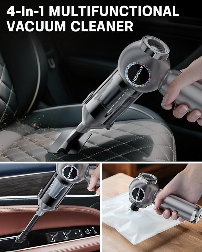 Handheld Car Vacuum Portable Cordless 25000Pa High Power Small Mini Hand Vacuum Cleaner Rechargeable 4-in-1 Compressed Air Duster Blower Pump Wireless Handheld Vac for Car Office Desktop Home Cleaning